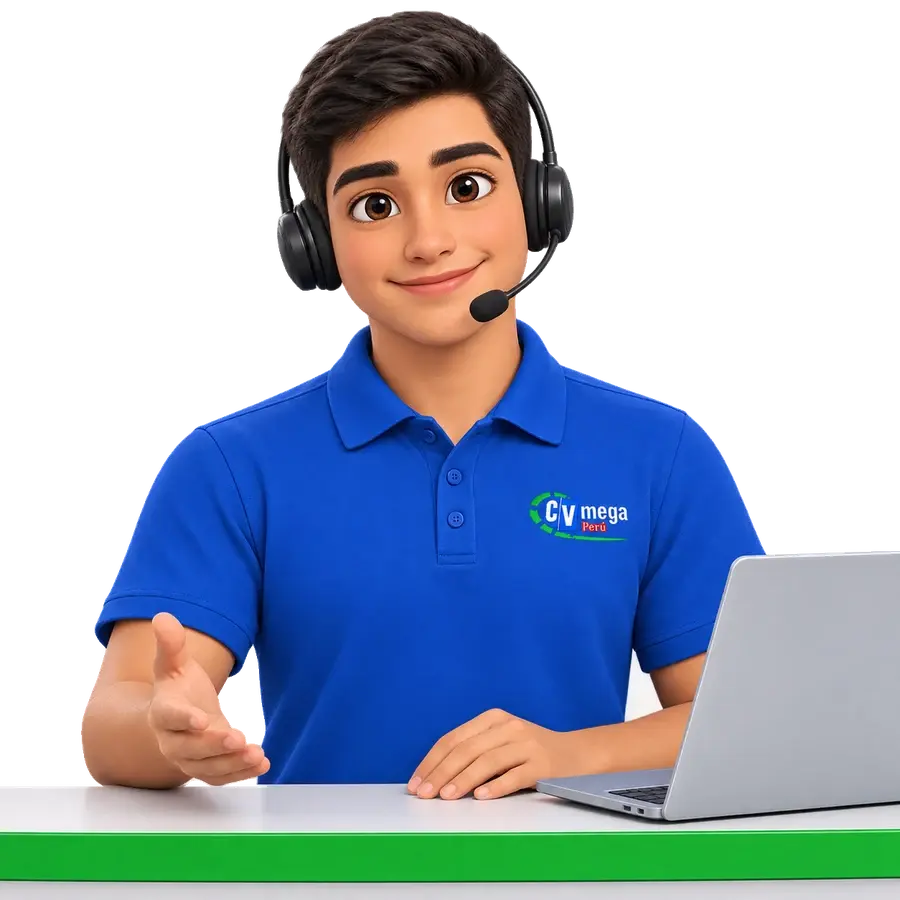 Asesor de soporte técnico de CV Mega con audífonos, atendiendo detrás del mostrador